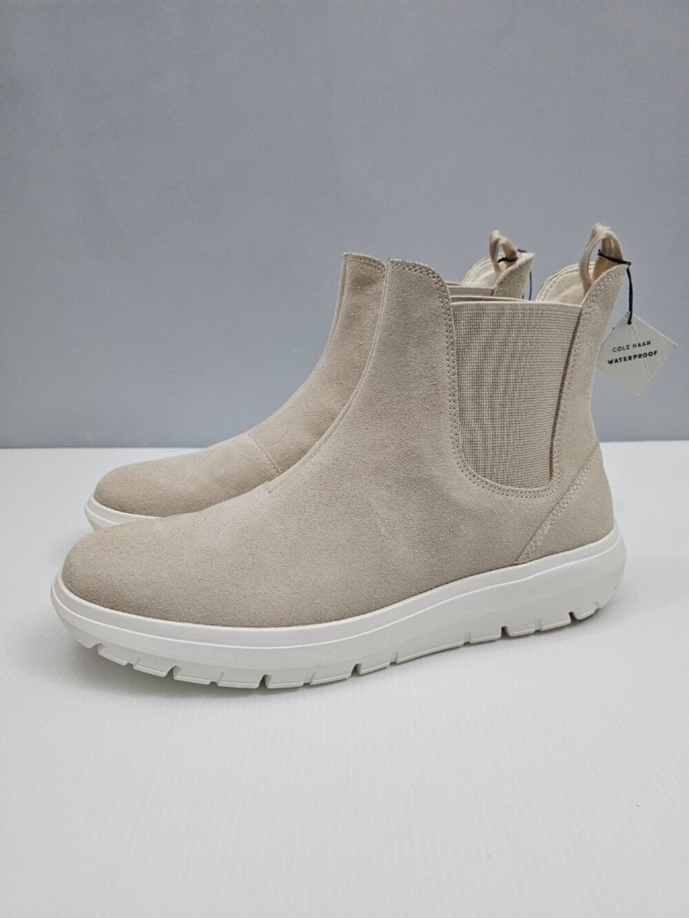 Cole Haan Grand Raelyn Chelsea Ankle Boot Women 10 Ivory Beige Suede Waterproof
